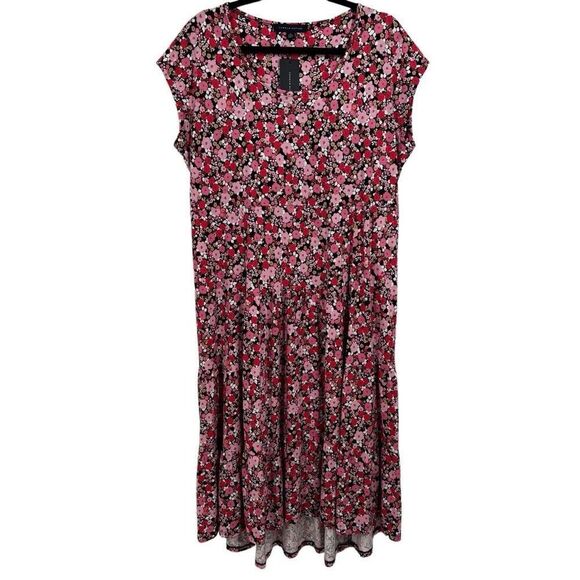 Tommy Hilfiger Floral Midi High Low Hem Knit Dress Pink/Black Size XL NWT - Picture 1 of 8